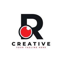 logotipo de ojo abstracto letra r. letra inicial de forma negra r con globo ocular rojo dentro. Uso para logotipos de negocios y tecnología. elemento de plantilla de ideas de diseño de logotipo de vector plano