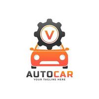 letra v con vector de mantenimiento de coche. concepto de diseño de logotipo automotriz de vehículo deportivo.