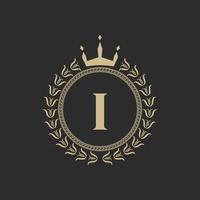 Initial Letter I Heraldic Royal Frame with Crown and Laurel Wreath. Simple Classic Emblem. Round Composition. Graphics Style. Art Elements for Logo Design Vector Illustration