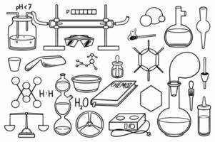 Hand drawn set of chemical equipment stuff doodle on white background. vector