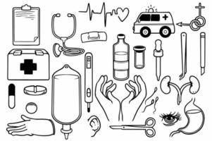 Hand drawn set of medical equipment stuff doodle on white background. vector