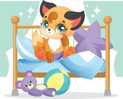 A cute baby bed for newborns with a little boy litter that sits and gets ready for bed. Lullaby with soft fluffy pillows and toys around. Gentle children's illustration. vector