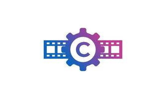 Initial Letter C Gear Cog Wheel with Reel Stripes Filmstrip for Film Movie Cinema Production Studio Logo Inspiration vector