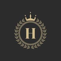 Initial Letter H Heraldic Royal Frame with Crown and Laurel Wreath. Simple Classic Emblem. Round Composition. Graphics Style. Art Elements for Logo Design Vector Illustration