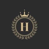 Initial Letter H Heraldic Royal Frame with Crown and Laurel Wreath. Simple Classic Emblem. Round Composition. Graphics Style. Art Elements for Logo Design Vector Illustration