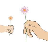 Hands of baby and mom giving flowers. vector