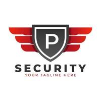 Security Logo. Initial P with Wings and Shield Icon. Car and Automotive Vector Logo Template