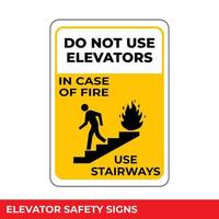 en caso de incendio, use las escaleras, no use el letrero de los ascensores con un mensaje de advertencia para áreas industriales, fácil de usar y plantillas de diseño de impresión vector