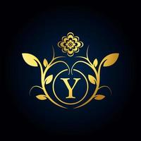 Elegant Y Luxury Logo. Golden Floral Alphabet Logo with Flowers Leaves. Perfect for Fashion, Jewelry, Beauty Salon, Cosmetics, Spa, Boutique, Wedding, Letter Stamp, Hotel and Restaurant Logo. vector