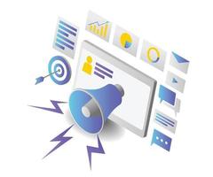 Isometric style illustration of digital marketing with computer and loudspeaker vector