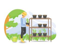 Illustration of farmer growing plants in pots or polybags vector