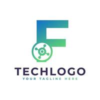 logotipo de la letra f de tecnología. forma geométrica verde con círculo de puntos conectado como vector de logotipo de red. utilizable para logotipos de negocios y tecnología.