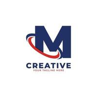 Corporation Letter M Logo With Creative Circle Swoosh Orbit Icon Vector Template Element in Blue and Red Color.