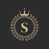 Initial Letter S Heraldic Royal Frame with Crown and Laurel Wreath. Simple Classic Emblem. Round Composition. Graphics Style. Art Elements for Logo Design Vector Illustration