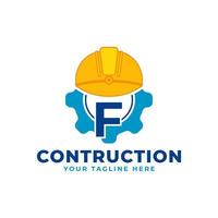 Initial Letter F with Gear and Helmet. Construction and Engineering Logo Concept vector