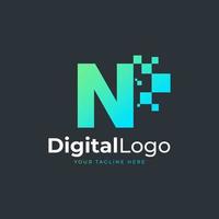 logotipo de la letra n de tecnología. forma geométrica azul y verde con puntos de píxeles cuadrados. utilizable para logotipos de negocios y tecnología. elemento de plantilla de ideas de diseño. vector