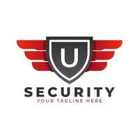 Security Logo. Initial U with Wings and Shield Icon. Car and Automotive Vector Logo Template