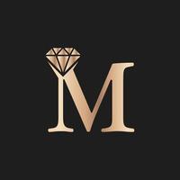 letra dorada lujo m con símbolo de diamante. inspiración de diseño de logotipo de diamante premium vector