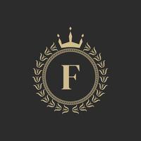 Initial Letter F Heraldic Royal Frame with Crown and Laurel Wreath. Simple Classic Emblem. Round Composition. Graphics Style. Art Elements for Logo Design Vector Illustration