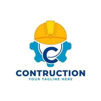 Initial Letter C with Gear and Helmet. Construction and Engineering Logo Concept vector