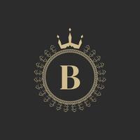 Initial Letter B Heraldic Royal Frame with Crown and Laurel Wreath. Simple Classic Emblem. Round Composition. Graphics Style. Art Elements for Logo Design Vector Illustration