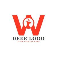 Orange Deer Logo Design. Orange Shape Initial Letter W with Head Deer Silhouette inside. Flat Vector Logo Design Ideas Template Element