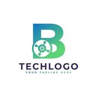 logotipo de la letra b de tecnología. forma geométrica verde con círculo de puntos conectado como vector de logotipo de red. utilizable para logotipos de negocios y tecnología.