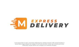 Creative Initial Letter M Logo. Orange Shape M Letter with Fast Shipping Delivery Truck Icon. Usable for Business and Branding Logos. Flat Vector Logo Design Ideas Template Element