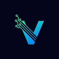 logotipo de la letra v de tecnología. plantilla de logotipo vectorial futurista con color degradado verde y azul. forma geometrica. utilizable para logotipos de negocios y tecnología. vector