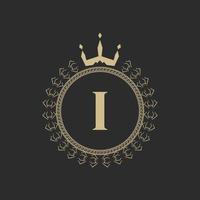 Initial Letter I Heraldic Royal Frame with Crown and Laurel Wreath. Simple Classic Emblem. Round Composition. Graphics Style. Art Elements for Logo Design Vector Illustration