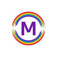 Letter M Inside Circular Colored in Rainbow Color Flag Brush Logo Design Inspiration for LGBT Concept vector