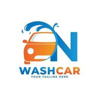 Letter N with Car Wash Logo, Cleaning Car, Washing and Service Vector Logo Design.