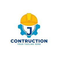 letra inicial j con equipo y casco. concepto de logotipo de construcción e ingeniería vector