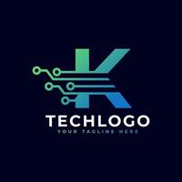 logotipo de la letra k de tecnología. plantilla de logotipo vectorial futurista con color degradado verde y azul. forma geometrica. utilizable para logotipos de negocios y tecnología. vector