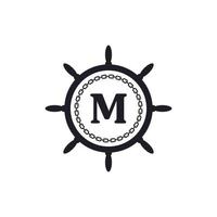 Letter M Inside Ship Steering Wheel and Circular Chain Icon for Nautical Logo Inspiration vector