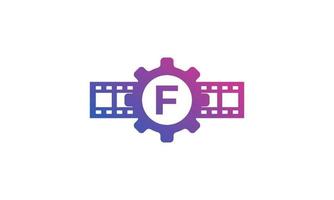 Initial Letter F Gear Cog Wheel with Reel Stripes Filmstrip for Film Movie Cinema Production Studio Logo Inspiration vector