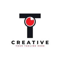 Abstract Eye Logo Letter T. Black Shape AT Initial Letter with Red Eyeball inside. Use for Business and Technology Logos. Flat Vector Logo Design Ideas Template Element