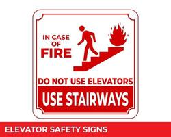 en caso de incendio, use las escaleras, no use el letrero de los ascensores con un mensaje de advertencia para áreas industriales, fácil de usar y plantillas de diseño de impresión vector