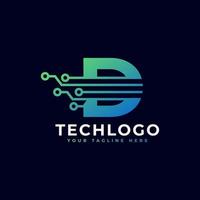 logotipo de la letra d de tecnología. plantilla de logotipo vectorial futurista con color degradado verde y azul. forma geometrica. utilizable para logotipos de negocios y tecnología. vector