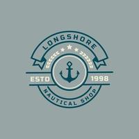 insignia retro vintage logotipo náutico y oceánico con símbolo de ancla de barco para plantilla de diseño de emblema marino vector