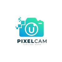 Letter U Inside Camera Photo Pixel Technology Logo Design Template vector