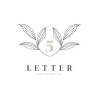 logotipo floral y botánico número 5. hoja de naturaleza femenina para salón de belleza, masajes, cosméticos o símbolo de icono de spa vector