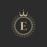 Initial Letter E Heraldic Royal Frame with Crown and Laurel Wreath. Simple Classic Emblem. Round Composition. Graphics Style. Art Elements for Logo Design Vector Illustration