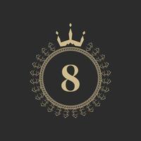 Number 8 Heraldic Royal Frame with Crown and Laurel Wreath. Simple Classic Emblem. Round Composition. Graphics Style. Art Elements for Logo Design Vector Illustration