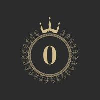 Number 0 Heraldic Royal Frame with Crown and Laurel Wreath. Simple Classic Emblem. Round Composition. Graphics Style. Art Elements for Logo Design Vector Illustration