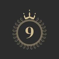 Number 9 Heraldic Royal Frame with Crown and Laurel Wreath. Simple Classic Emblem. Round Composition. Graphics Style. Art Elements for Logo Design Vector Illustration