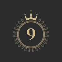 Number 9 Heraldic Royal Frame with Crown and Laurel Wreath. Simple Classic Emblem. Round Composition. Graphics Style. Art Elements for Logo Design Vector Illustration