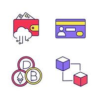 E-payment color icons set. E-wallet, credit card, cryptocurrency, blockchain. Isolated vector illustrations