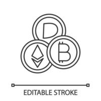 Cryptocurrency linear icon. Thin line illustration. Digital money. E-payment. Crypto currency. Bitcoin, Ethereum, Dash. E-money. Contour symbol. Vector isolated outline drawing. Editable stroke