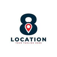 Elegant Number 8 Geotag or Location Symbol Logo. Red Shape Point Location Icon. Usable for Business and Technology Logos. Flat Vector Logo Design Ideas Template Element.